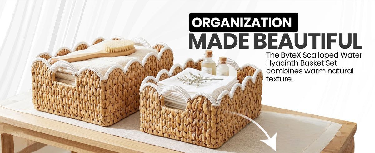 Scalloped Water Hyacinth Basket Set with White Trim (2 Nesting Baskets)