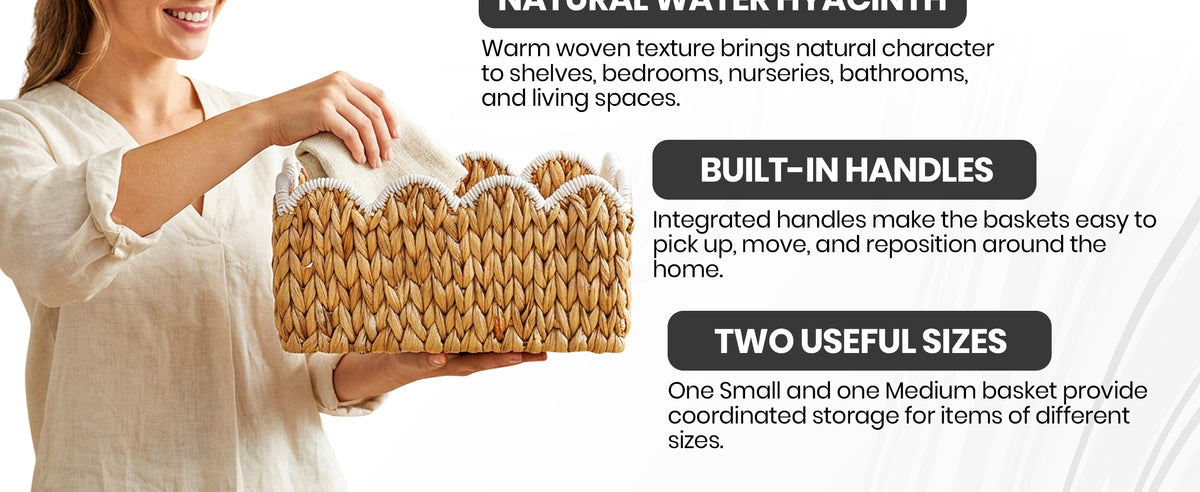 Scalloped Water Hyacinth Basket Set with White Trim (2 Nesting Baskets)