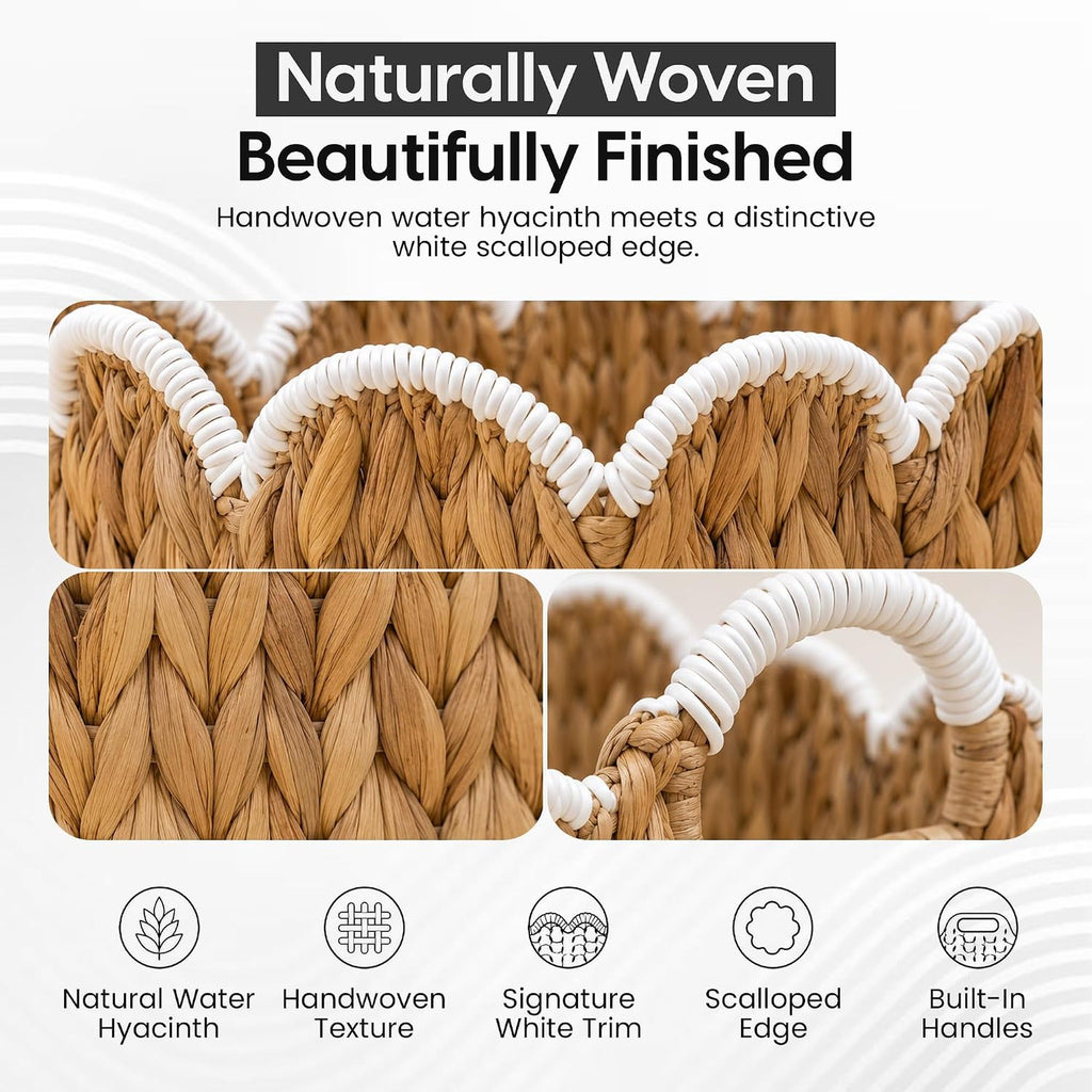 Scalloped Water Hyacinth Basket Set with White Trim (2 Nesting Baskets)